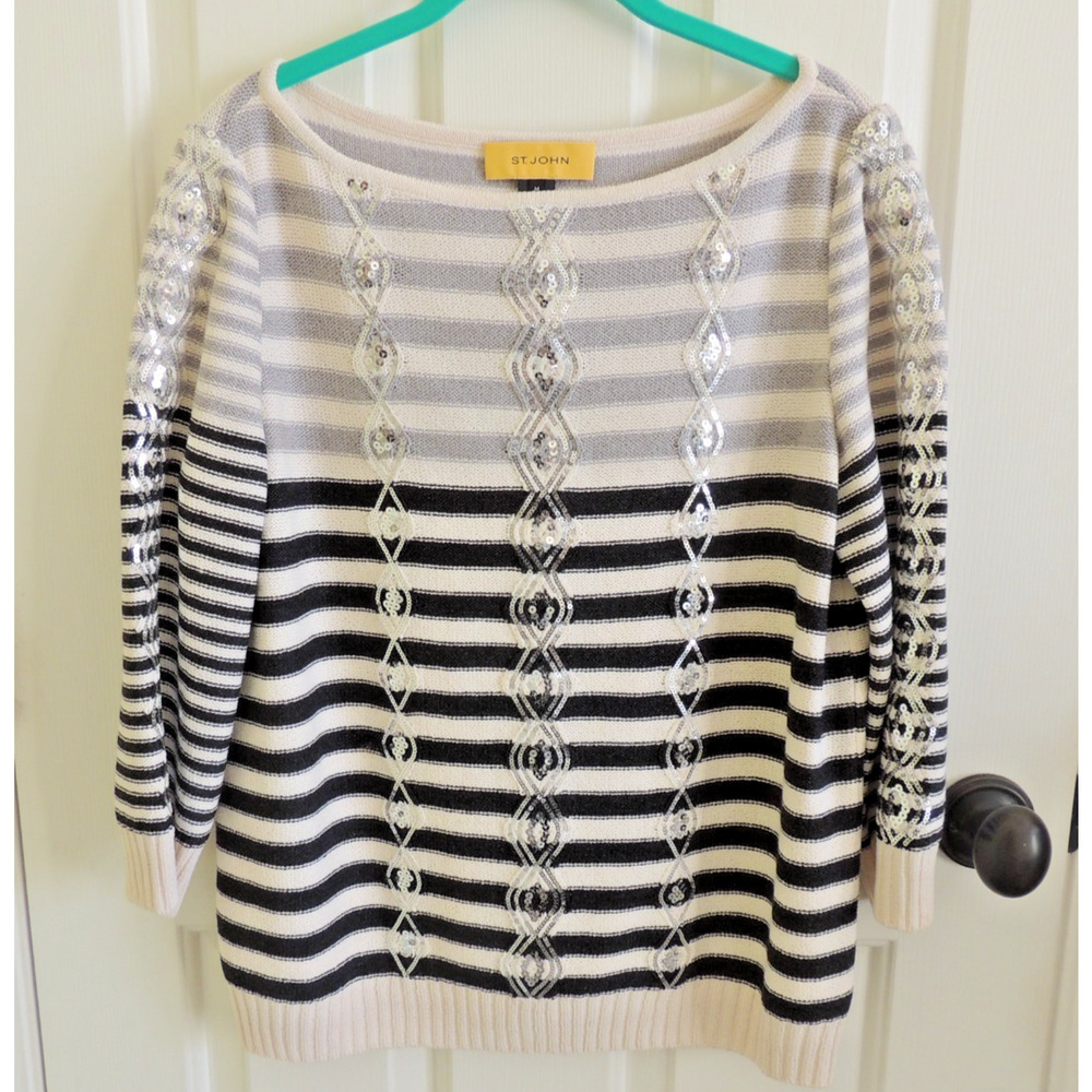 St John Sequined Evening Sweater Black Gray Stripes Ribbed Bottom Cuffs Size M